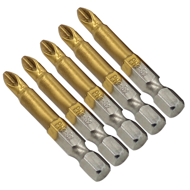 5pcs High Quality 1/4" Hex Shank Titanium Coated PH2 Anti Slip Bits Electric Screwdriver Bits 50mm