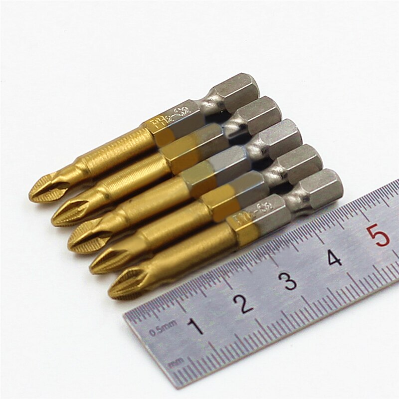 5pcs High Quality 1/4" Hex Shank Titanium Coated PH2 Anti Slip Bits Electric Screwdriver Bits 50mm