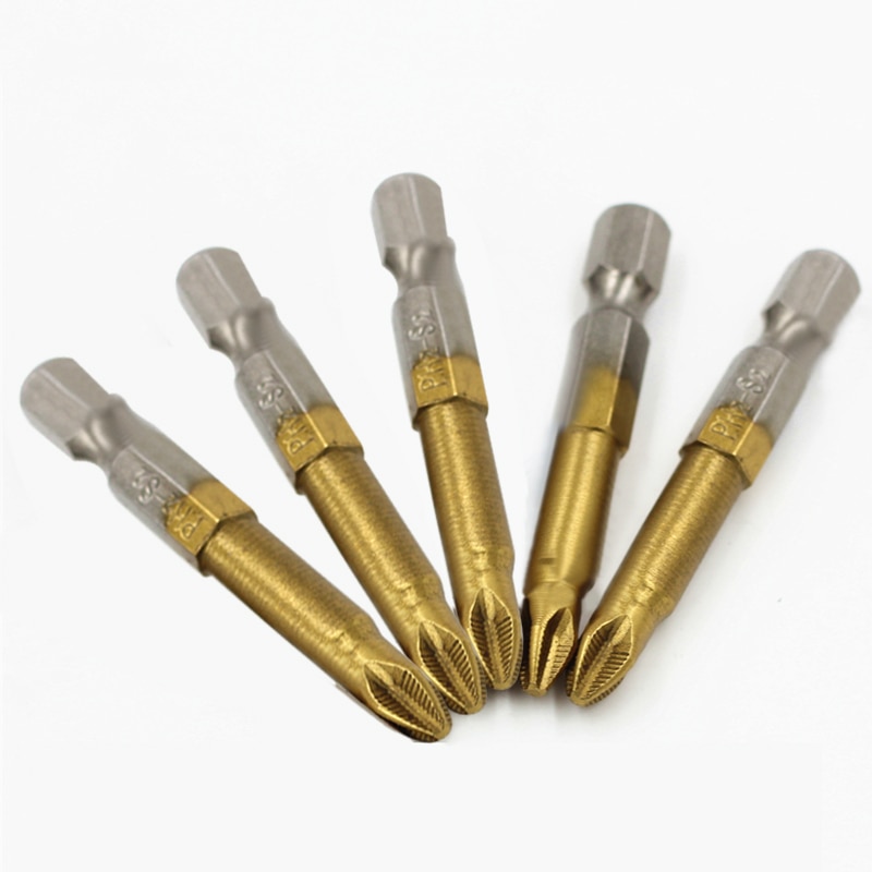 5pcs High Quality 1/4" Hex Shank Titanium Coated PH2 Anti Slip Bits Electric Screwdriver Bits 50mm