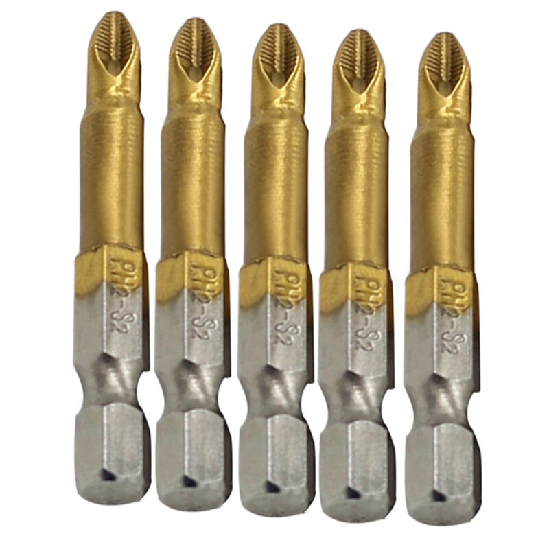 5pcs High Quality 1/4" Hex Shank Titanium Coated PH2 Anti Slip Bits Electric Screwdriver Bits 50mm