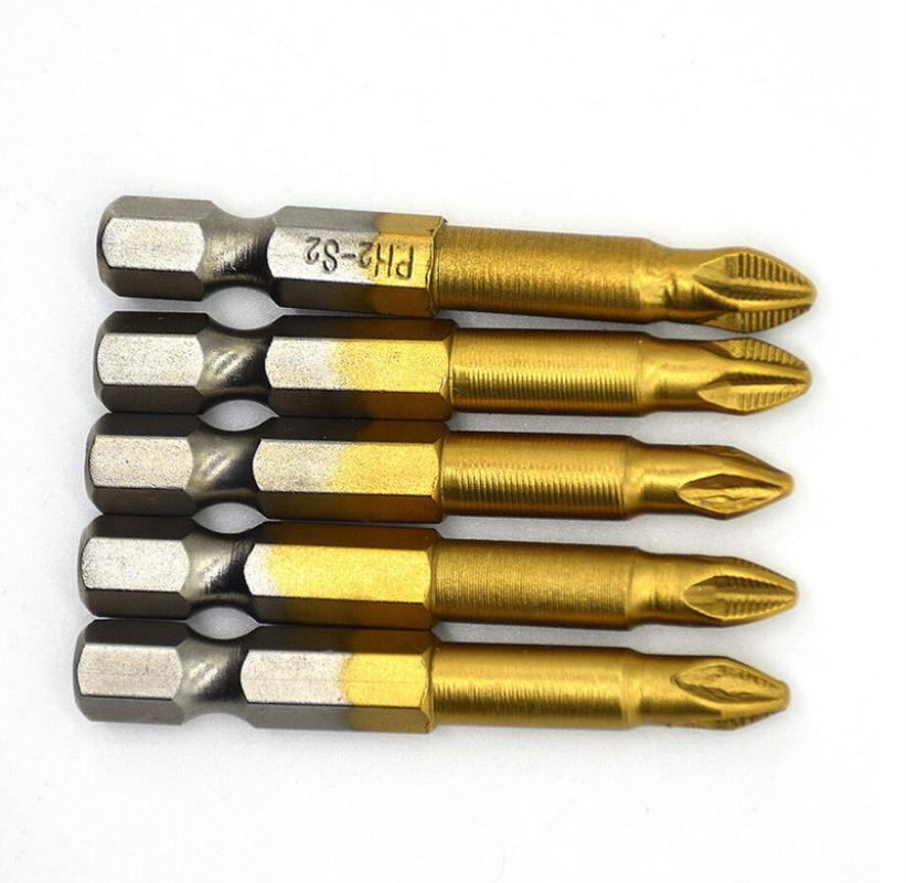 5pcs High Quality 1/4" Hex Shank Titanium Coated PH2 Anti Slip Bits Electric Screwdriver Bits 50mm