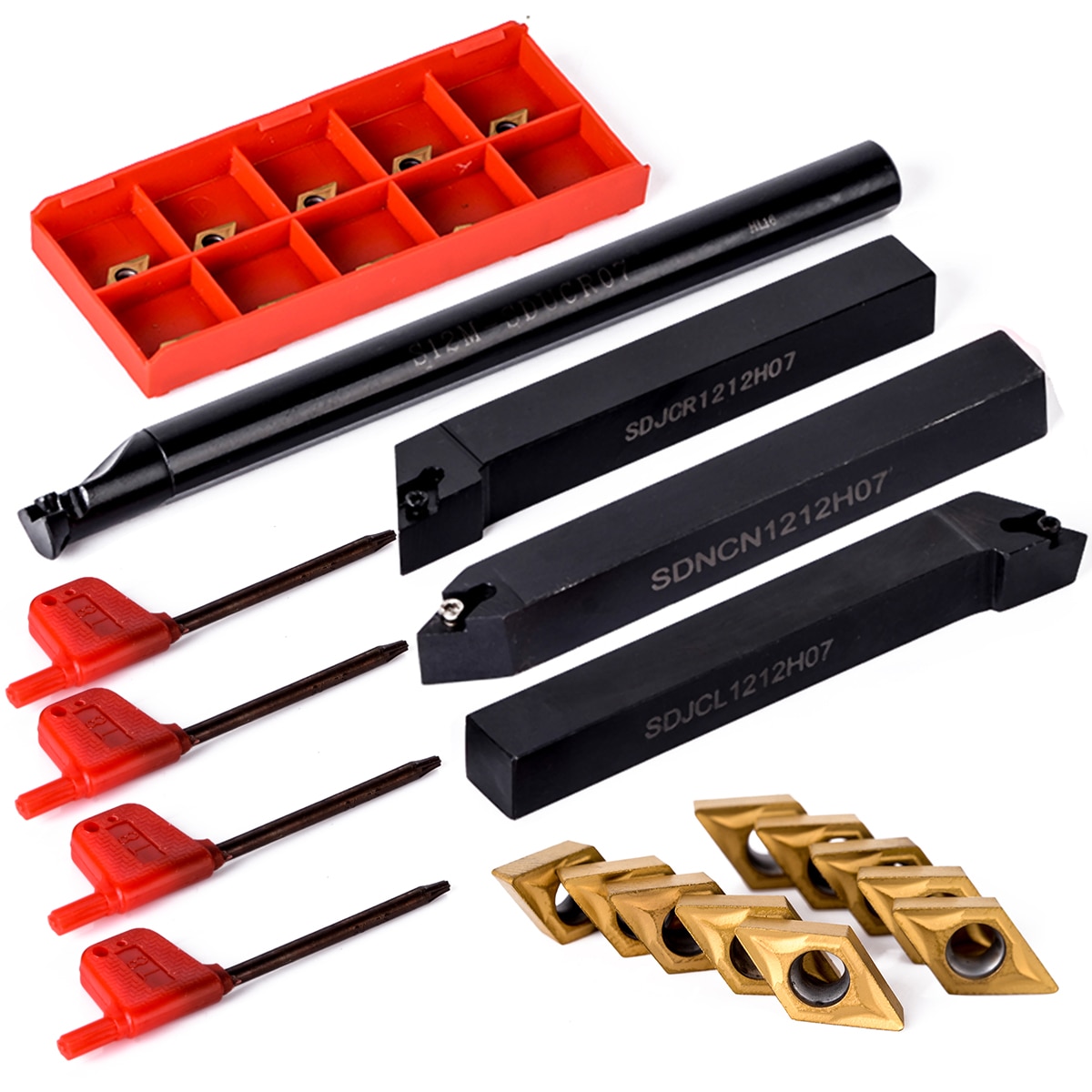 10pcs DCMT070204 Carbide Inserts Blades + 4Pcs 12mm Straight Shank Boring Bar CNC Lathe  Turning Tool Holder + 4pcs Wrenches