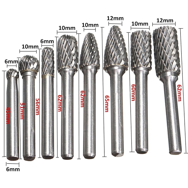 8pcs 1/4" 6mm Tungsten Carbide Burr Bits Rotary Cutter Files CNC Engraving Tool Set 45-65mm Length Mayitr