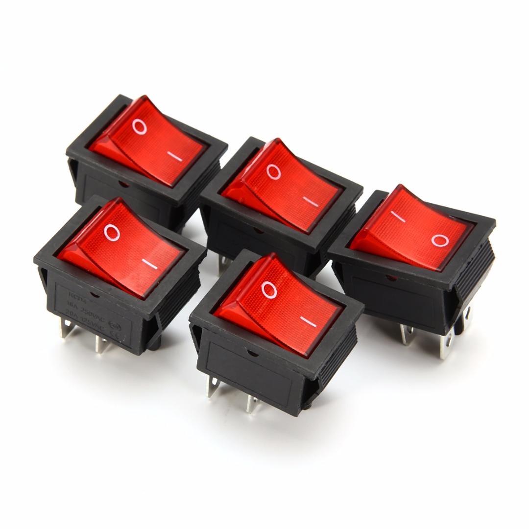 5pcs 2 Position Red Light Rocker Switch 16A/250V KCD4-20 4 Pin ON/OFF Toggle Switches  35 x 25.5 x 10mm