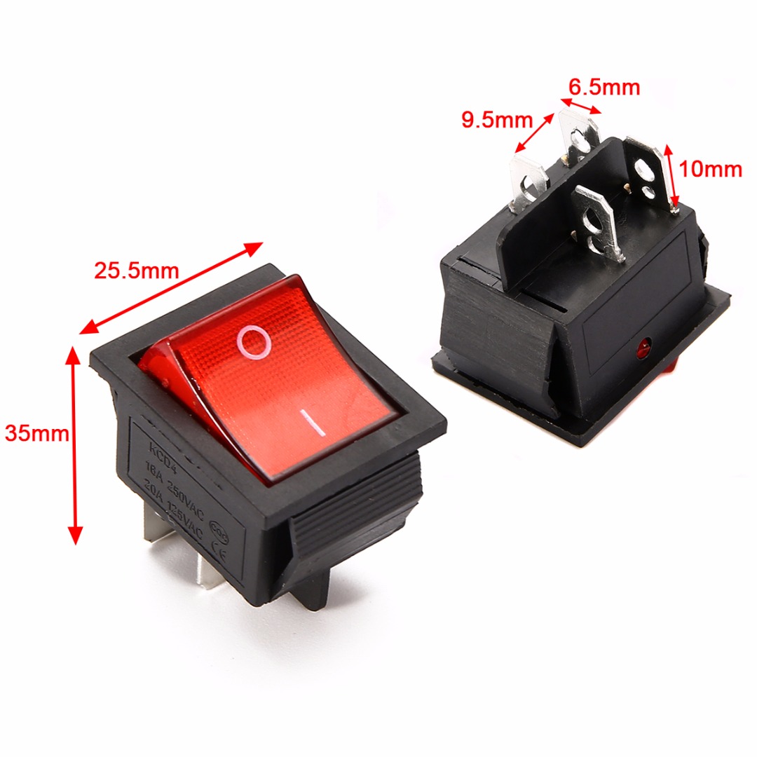 5pcs 2 Position Red Light Rocker Switch 16A/250V KCD4-20 4 Pin ON/OFF Toggle Switches  35 x 25.5 x 10mm