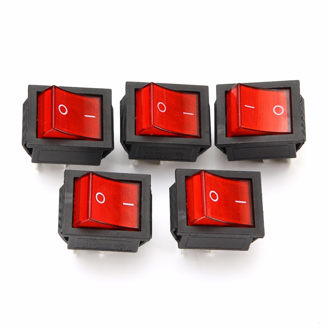 5pcs 2 Position Red Light Rocker Switch 16A/250V KCD4-20 4 Pin ON/OFF Toggle Switches  35 x 25.5 x 10mm