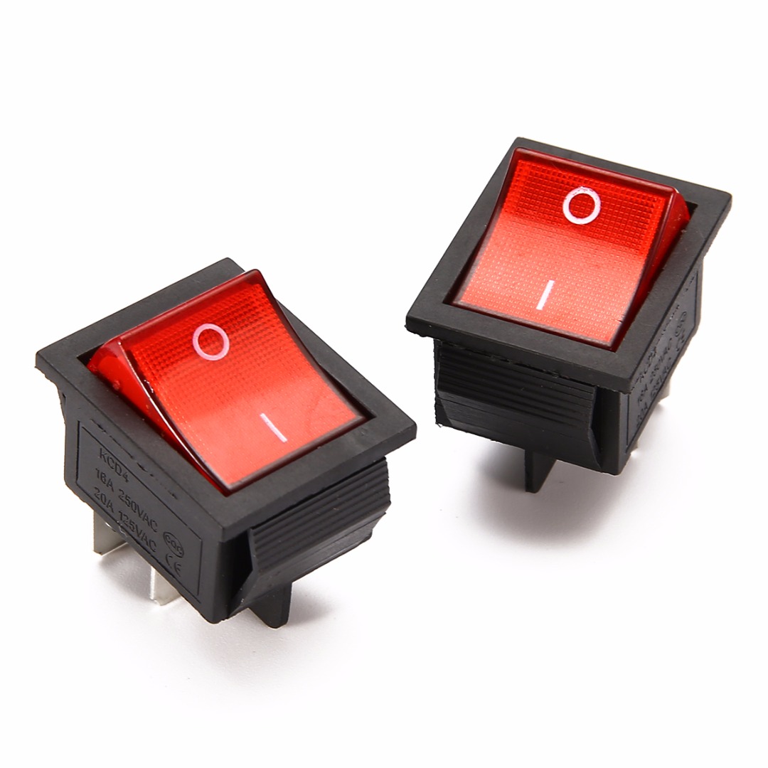 5pcs 2 Position Red Light Rocker Switch 16A/250V KCD4-20 4 Pin ON/OFF Toggle Switches  35 x 25.5 x 10mm