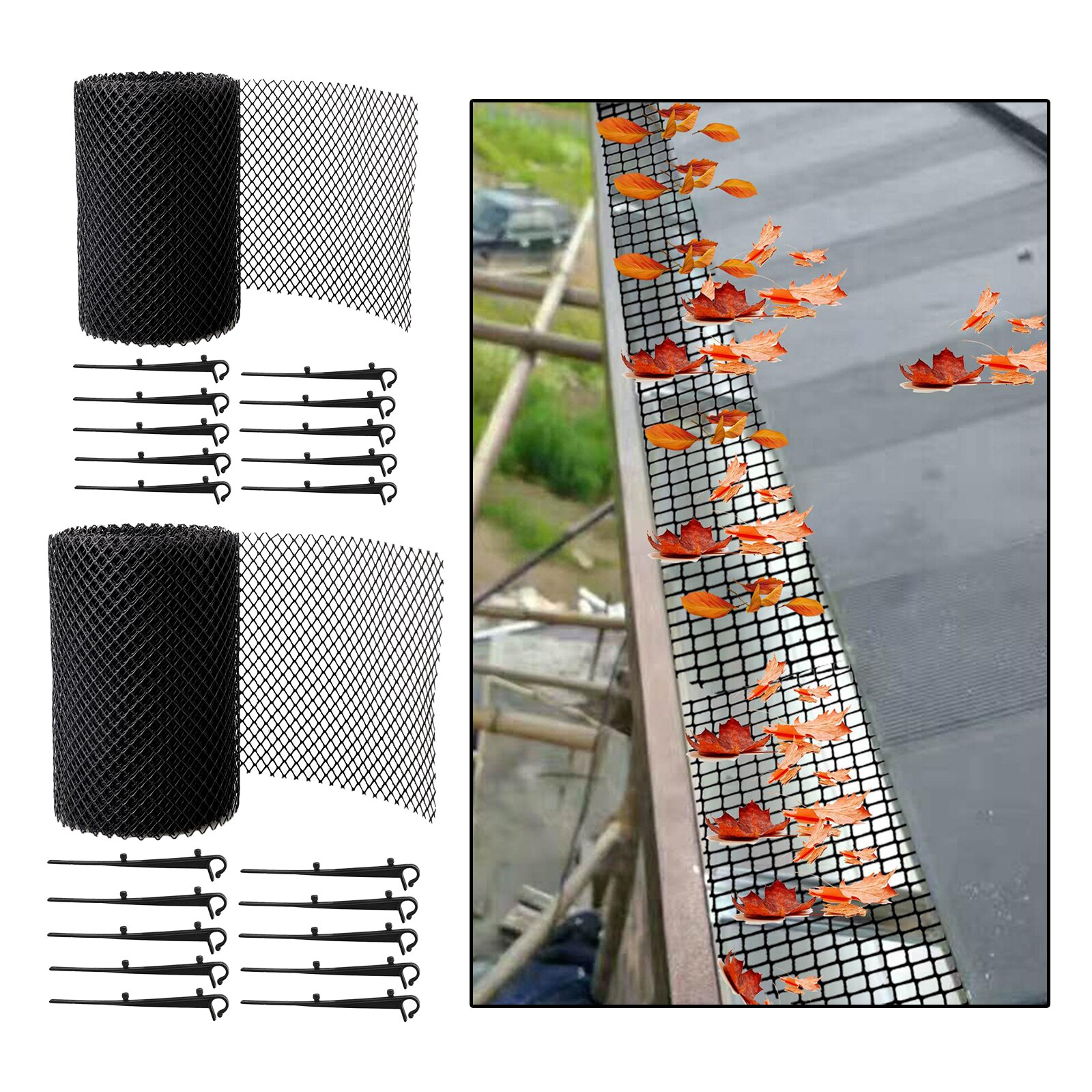 Plastic Gutter Guard Mesh, Leaf Protection Mesh Gutter Guards Roll Leaf Guard Splash Roof Panels Black with 10 Fixed Hooks