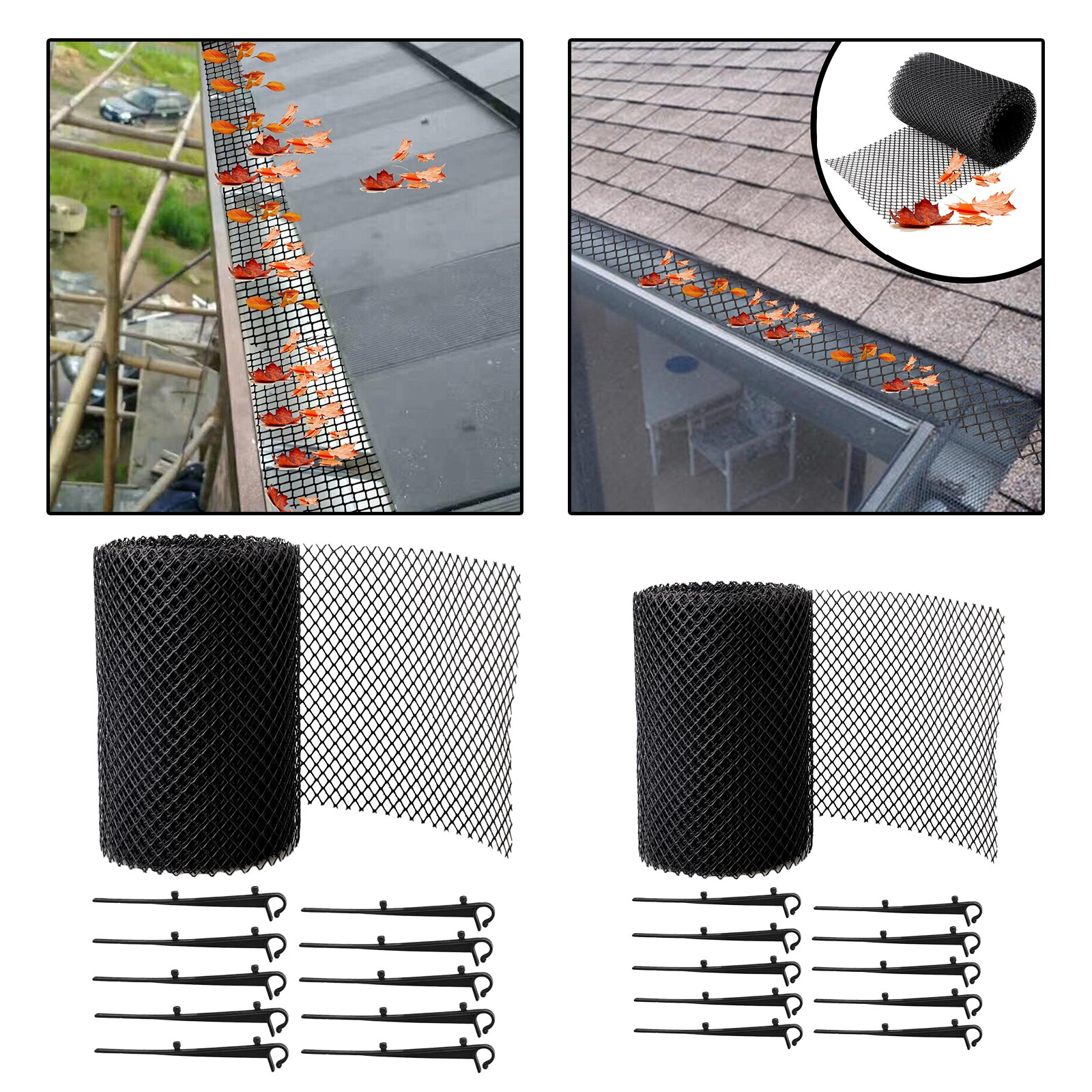 Plastic Gutter Guard Mesh, Leaf Protection Mesh Gutter Guards Roll Leaf Guard Splash Roof Panels Black with 10 Fixed Hooks