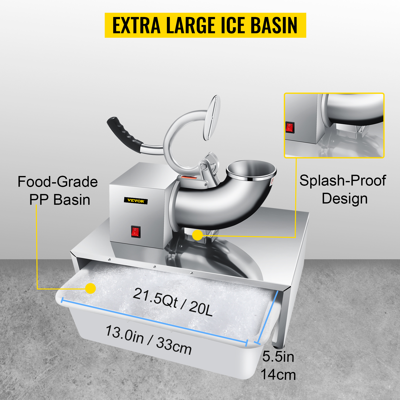 Commercial Snow Cone Machine,500LB/H,250W,Dual Blade,w/ Basin